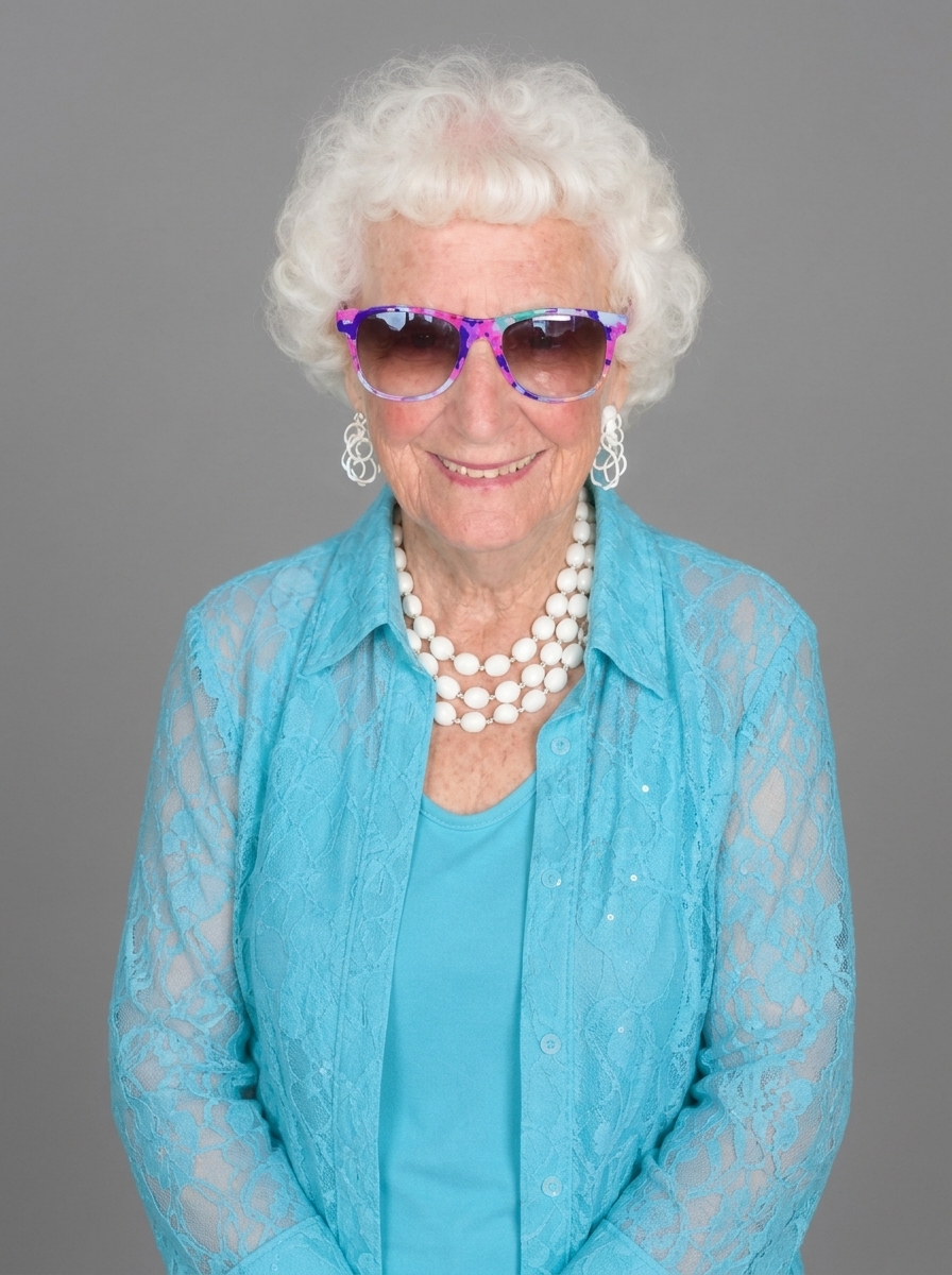 Grandmother user portrait with sunglasses submitted to Thriller AI Video